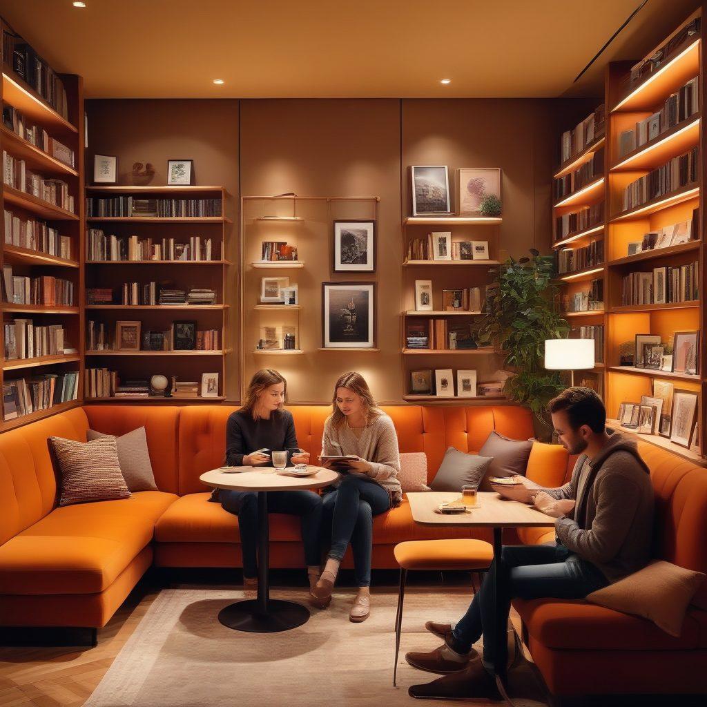 A cozy, softly lit coffee shop setting with two people sitting at a small table, deeply engaged in conversation. The background includes warm colors, with bookshelves filled with books and intimate artwork on the walls. Show elements of modern technology like smartphones and laptops, subtly integrated into the scene. The ambiance should feel inviting and intimate, portraying the essence of personal connection in today’s society. warm tones. super-realistic. cozy atmosphere.