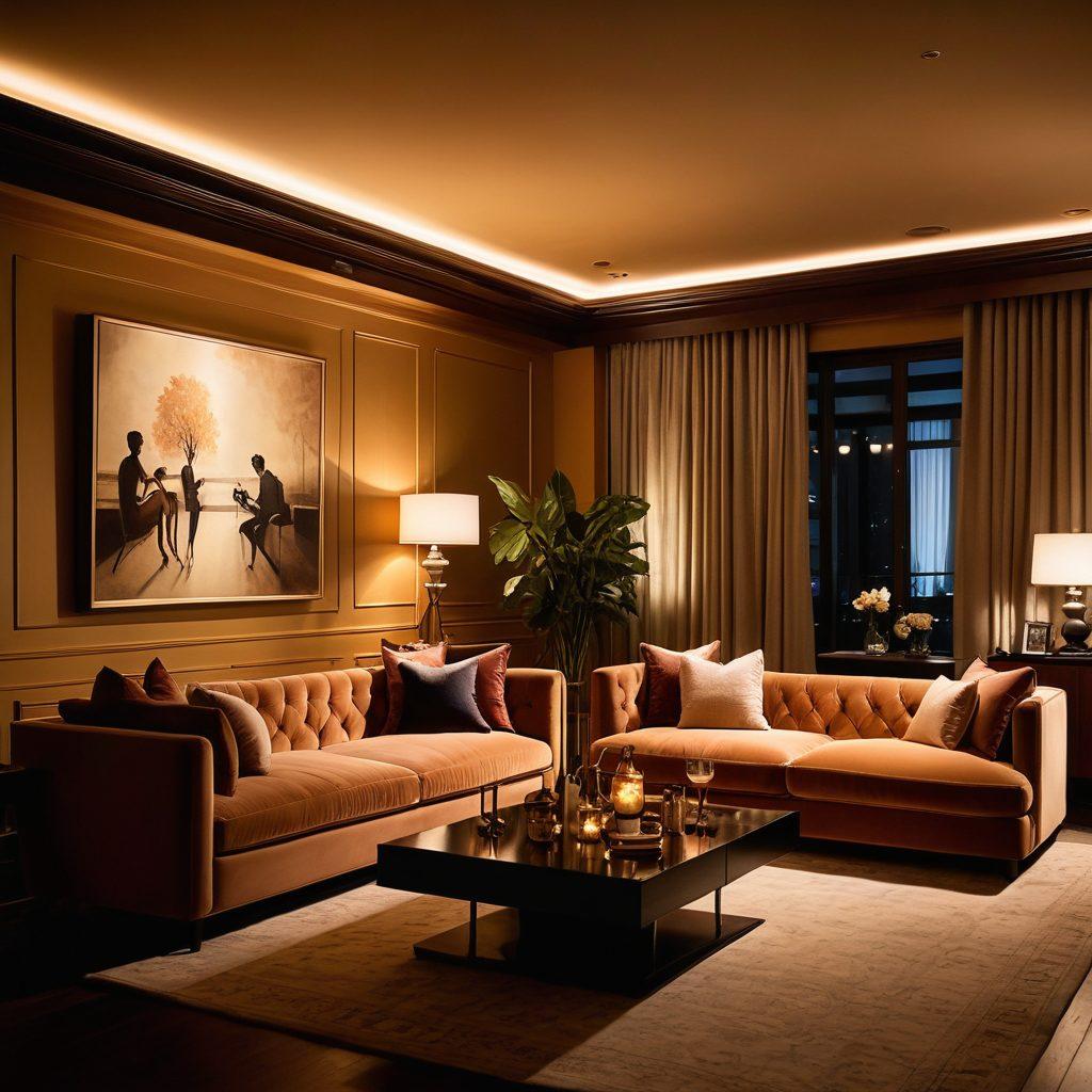 A captivating scene blending intimacy and entertainment: a cozy, dimly lit lounge setting with plush, inviting couches and tasteful art on the walls. Silhouettes of couples sharing whispers and laughter around a cocktail table, while a subtle glow from a projector screens scenes of sensual artistic performances. Incorporate luxurious textures and warm colors to evoke a comfortable yet enticing atmosphere. super-realistic. warm tones. inviting ambiance.