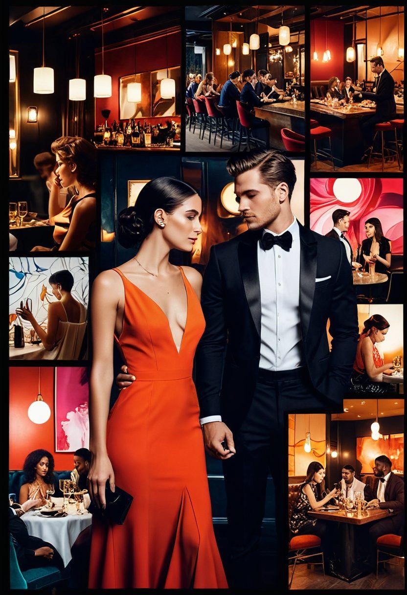 A captivating collage showcasing various facets of adult content and lifestyle trends—depict stylish couples in intimate settings, diverse individuals enjoying nightlife, and vibrant scenes of self-expression. Incorporate eye-catching digital elements like hashtags and social media icons intermingled with luxurious textures and soft lighting. The color palette should be bold and inviting, emanating warmth and allure. modern art. vibrant colors. polished finish.